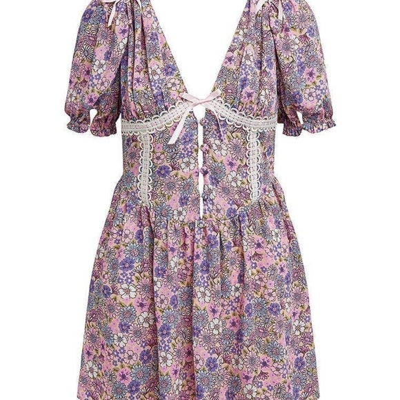 NWT For Love and Lemons S Dress Willow Floral Dress Lilac Mini Puff Sleeve - Picture 6 of 9
